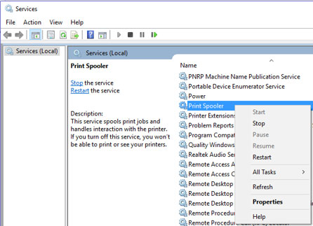 Restart Print Spooler in the Local Services