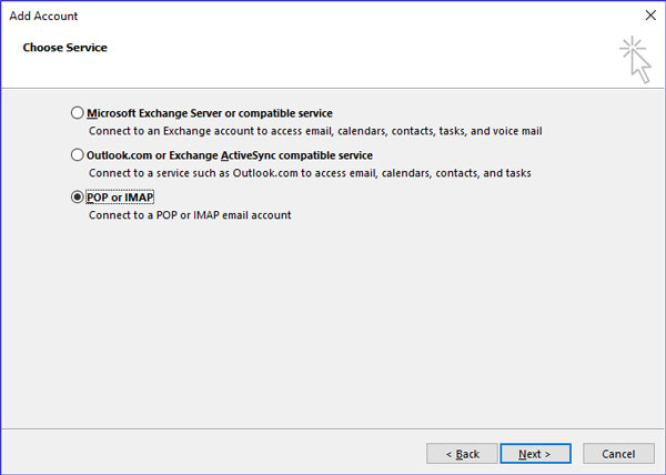 Select POP or IMAP in MS Outlook